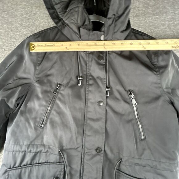 ZARA WOMAN Faux Fur Lined Parka Women’s Sz Medium Black Hooded Full Zip Pockets - Picture 7 of 11